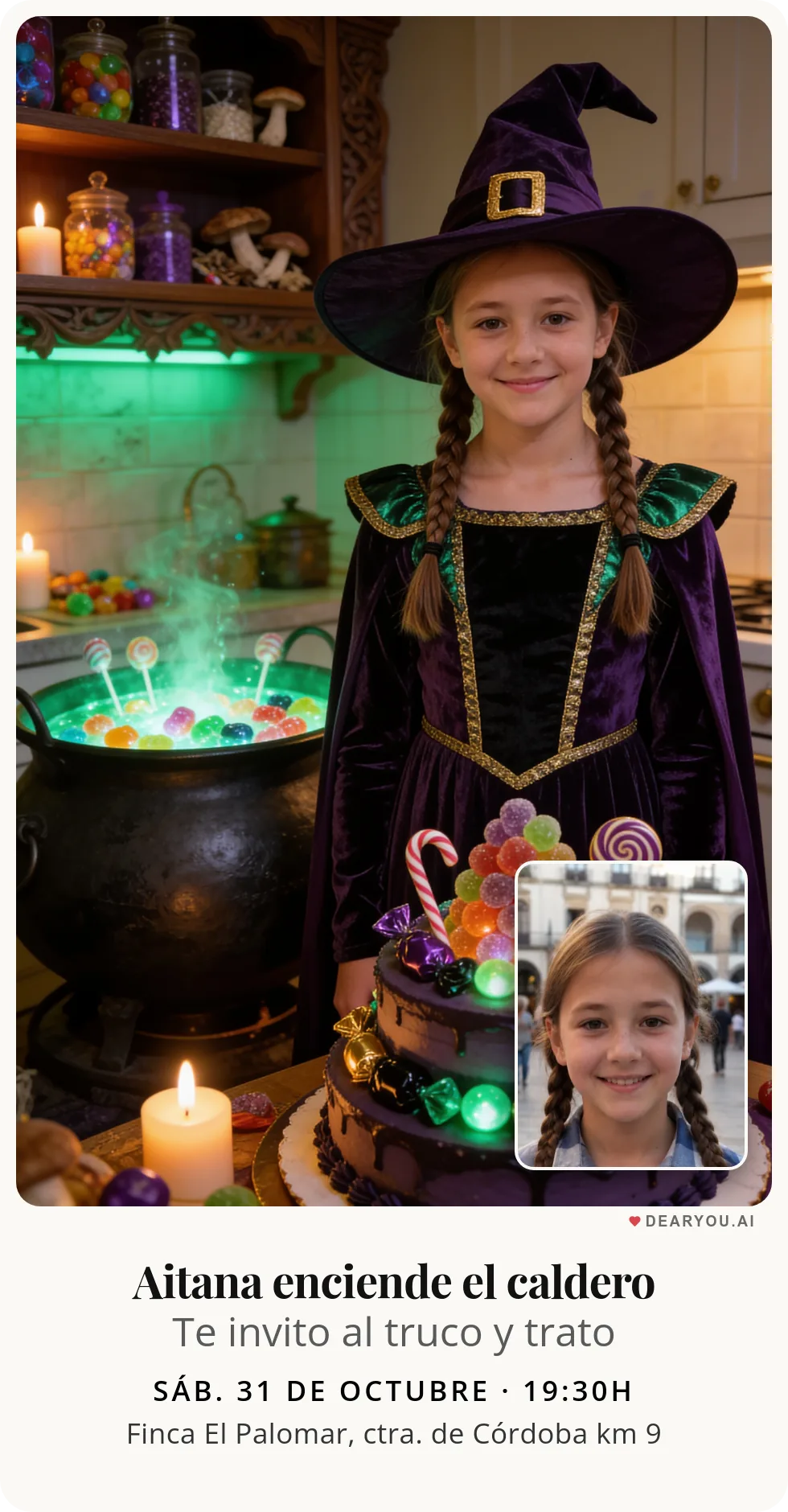Invitación de cumpleaños infantil personalizada con nombre y edad, temática de bruja cocinando chuches en el caldero mágico