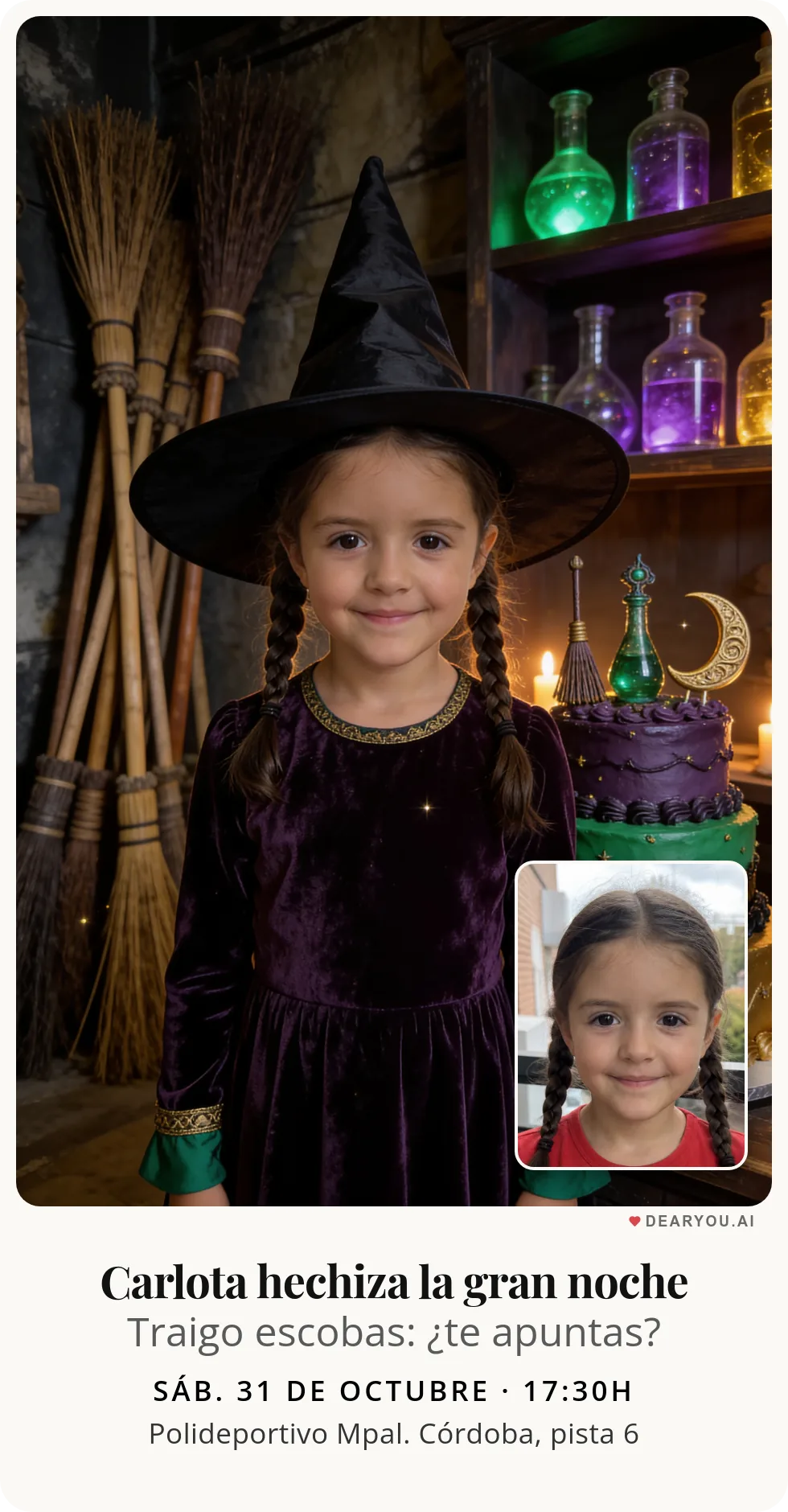 Invitación de cumpleaños infantil personalizada con nombre y edad, temática de bruja en la tienda de escobas mágicas