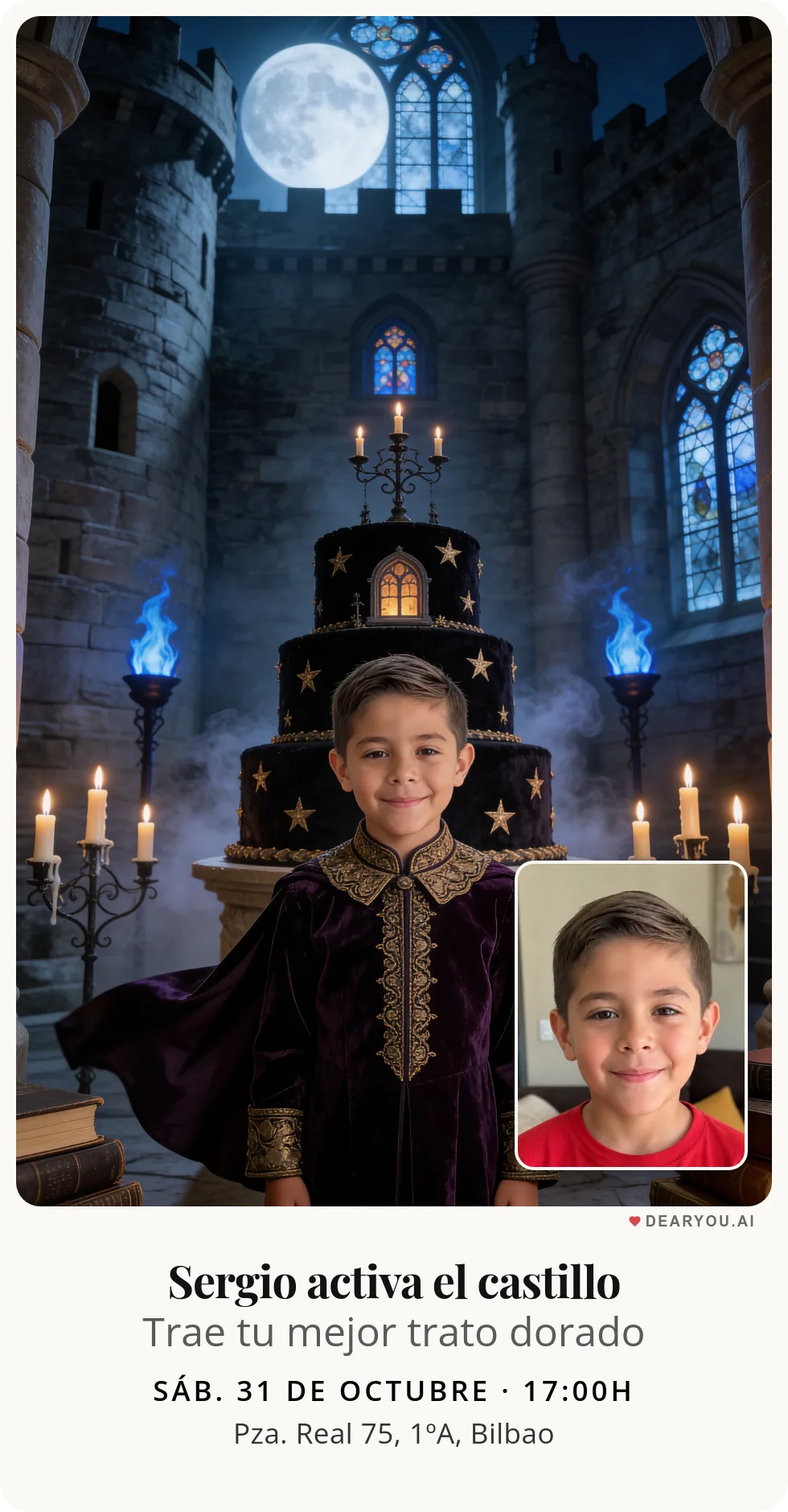 Invitación de cumpleaños infantil personalizada con nombre y edad, temática de salón de sombras en el castillo encantado